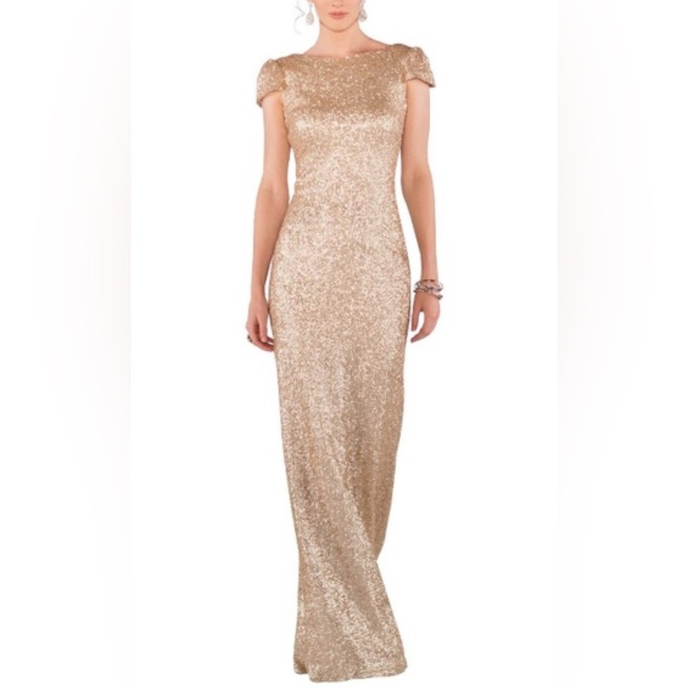 Sorella Vita gold sequin cap sleeve maxi bridesmaid dress